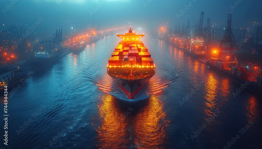 Poster container ship vessel navigating through night shipping terminal extreme closeup. generative ai