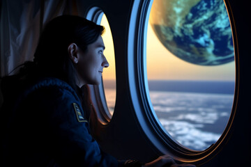 a commercial space traveler looking at the earth through window of the spaceship - obrazy, fototapety, plakaty