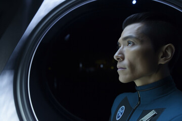 a commercial space traveler looking at the earth throughout the window at inside of the spaceship
