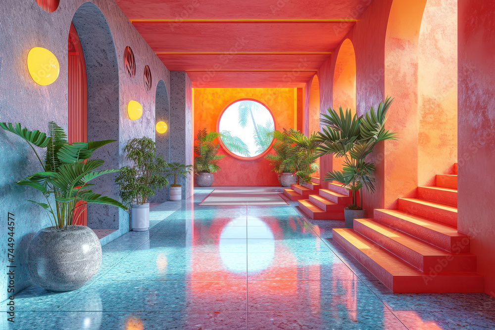 Poster multicolored abstract interior of a room with walls, stairs and openings in the form of geometric sh