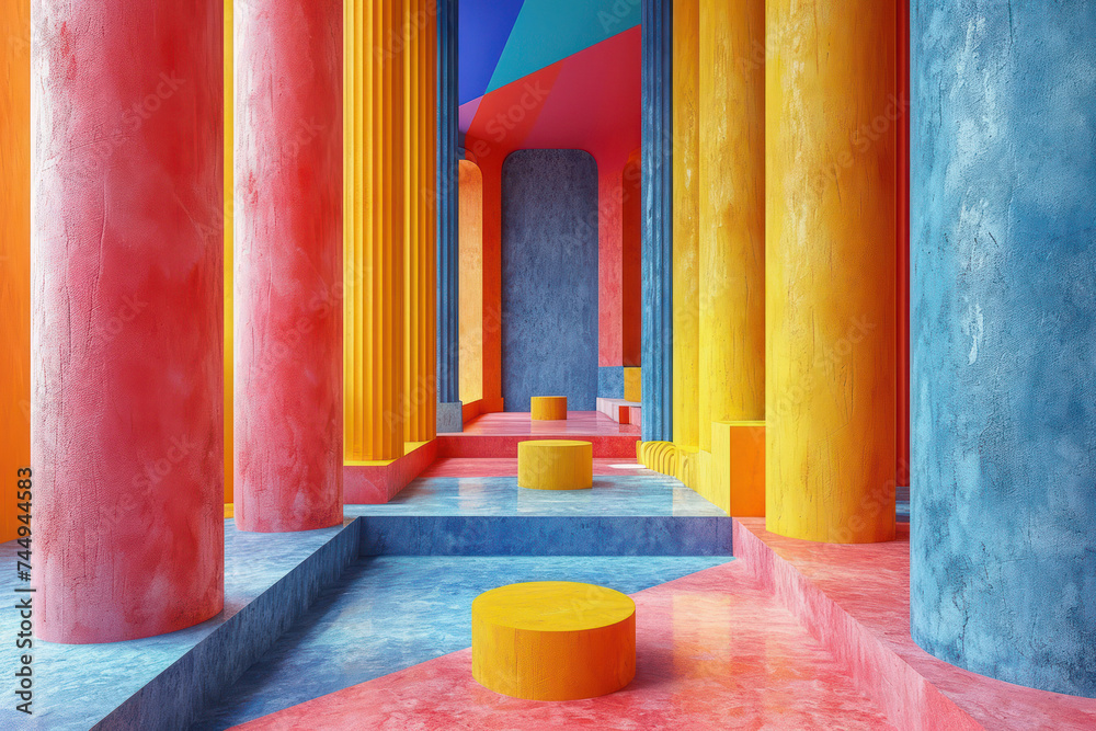 Poster multicolored abstract interior of a room with walls, stairs and openings in the form of geometric sh