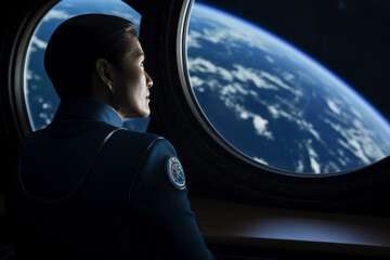 a commercial space traveler looking at the earth throughout the window at inside of the spaceship