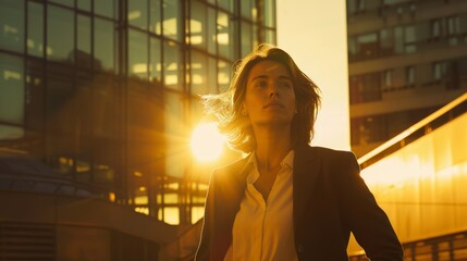 Fototapeta premium Confident woman in power suit, bathed in golden light, ready to conquer the day at her sleek office building