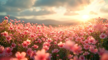 Beautiful pink flowers on the meadow in the mountains. Spring landscape
