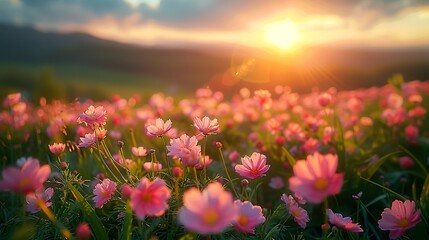 Fototapeta premium Beautiful pink flowers on the meadow in the mountains. Spring landscape