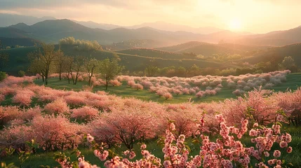 Foto op Canvas Beautiful spring landscape with pink flowers in the mountains at sunset. © JetHuynh