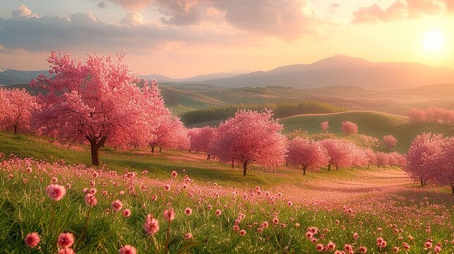 Beautiful spring landscape with blooming cherry trees in the hills.