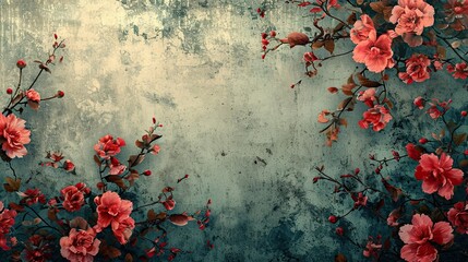 Grunge style floral background, web banner with flowers against rough textured wall and copy space, strong girls, untypically bouquet, 8 march, woman day concept, AI generated