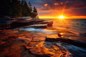 Naklejka premium Rocks and Lake Landscape in National Park extreme closeup. Generative AI