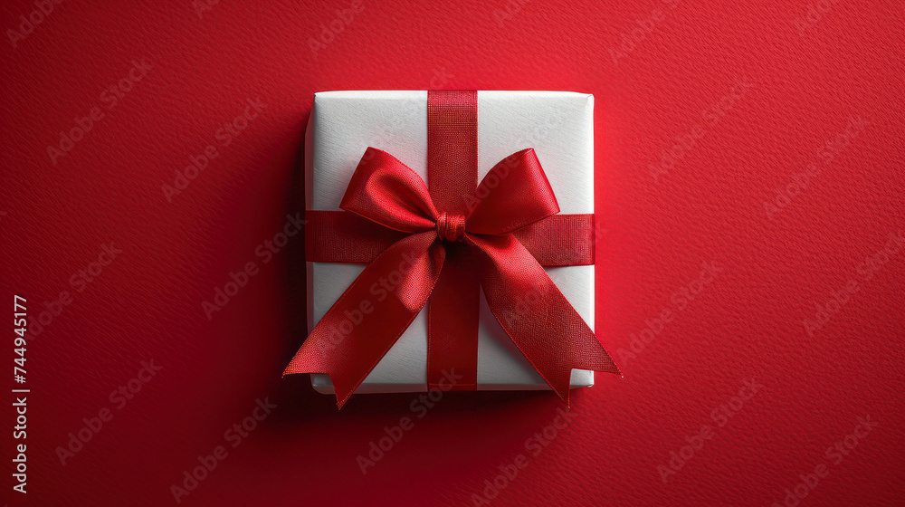 Poster white gift box with red ribbon and bow on a red background. generative ai