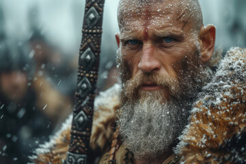 Portrait of a Fierce Old Viking with a Sword extreme closeup. Generative AI. - obrazy, fototapety, plakaty