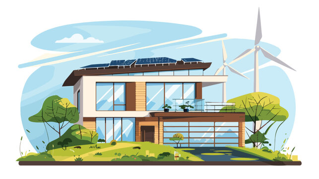 Landscape with Modern House Solar Panels and Wind 