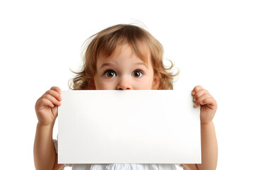 Fototapeta premium Young in white holding a white blank sheet of paper, a poster, canvas, in her hands and covering her face.