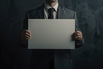 A man in a suit holds a white A4 sheet, mockup, layout. Concept for business lettering, blank. Shot on a gray background.