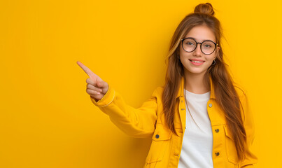 children standing isolated on yellow, looking up, smiling and pointing index finger to right side at blank copyspace background. Happy teen girl showing good discount or interesting idea - obrazy, fototapety, plakaty