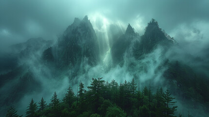 sharp jagged yellow mountains of Huangshan China covered in fog and clouds,generative ai - obrazy, fototapety, plakaty