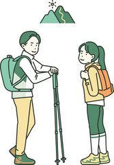 illustrations of men and women in mountaineering suits