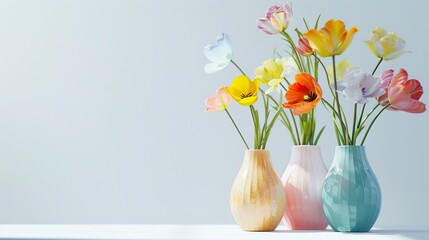 Very beautiful Colorful spring flowers in bright vases, realistic photo, pure white background,...