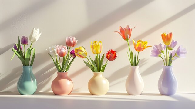 Very beautiful Colorful spring flowers in bright vases, realistic photo, pure white background, solid color fill, simple color scheme