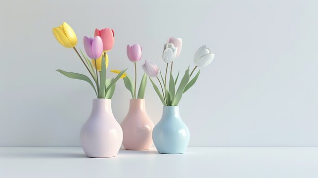 Very beautiful Colorful spring flowers in bright vases, realistic photo, pure white background, solid color fill, simple color scheme