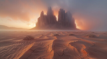 cracked lines of sand and clay leading into jagged desert rock spires of Saudi Arabia tabuk region,generative ai - obrazy, fototapety, plakaty