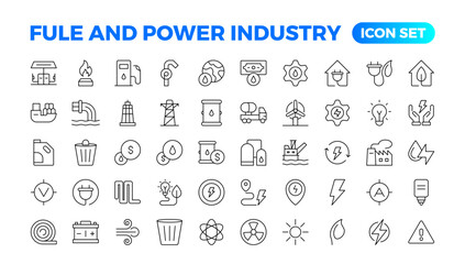 Oil and gas - thin line web icon set. Energy & Industry icon set. Industrial icons. Energy icon collection. Line icons collection. renewable energy, alternative sources of energy. Outline icon set.