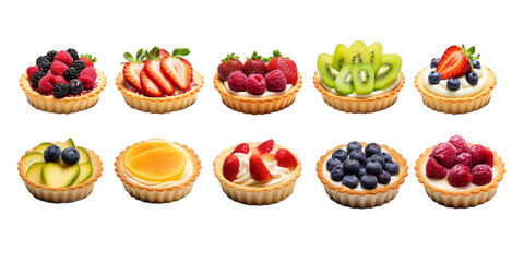Collection of fruit tart isolated on a white background as transparent PNG