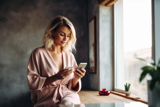 A Happy Beautiful Blonde Businesswoman In Pajamas Texting On Her Mobile Phone While Relaxing At Home In The Morning