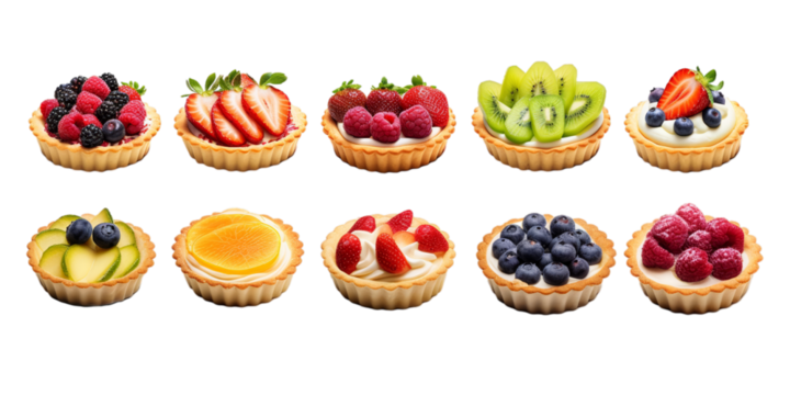 Collection of fruit tart isolated on a white background as transparent PNG