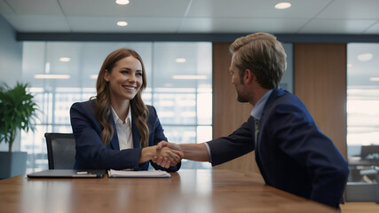 Smiling young businesswoman shaking hands with a coworker during a meeting with colleagues around a table in an office boardroom