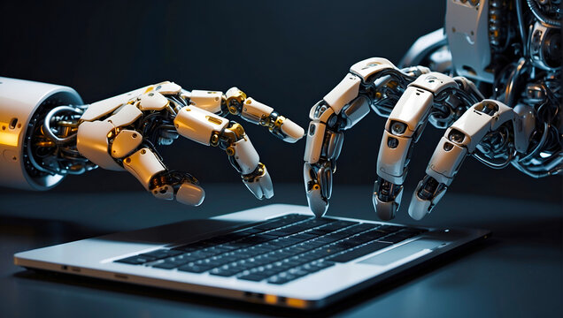 Robot hands point to laptop button advisor chatbot robotic artificial intelligence concept.