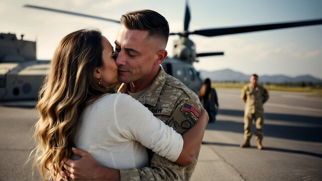 Soldier embracing his wife on his homecoming. Serviceman receiving a warm welcome from his family after returning from deployment. Military family having an emotional reunion.