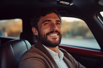 A Happy Handsome Businessman Looking At Camera While Sitting In His Vehicle