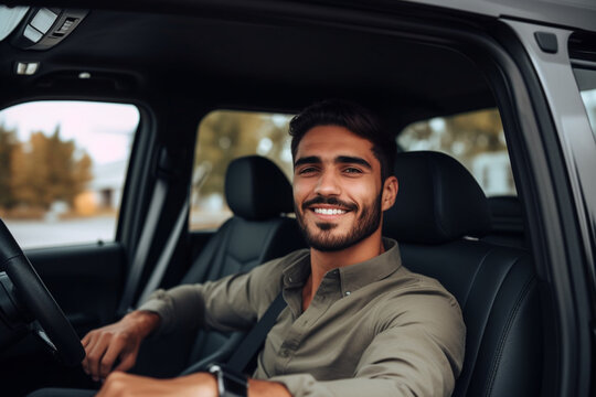 A Happy Handsome Businessman Looking At Camera While Sitting In His Vehicle