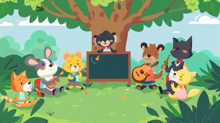 Obraz na płótnie Canvas Cartoon Animals Playing Music in Outdoor Classroom 
