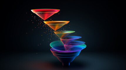 Colorful 3d model funnel flow, 5 layers, levitating, on dark blue background