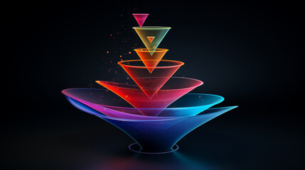Colorful 3d model funnel flow, 5 layers, levitating, on dark blue background