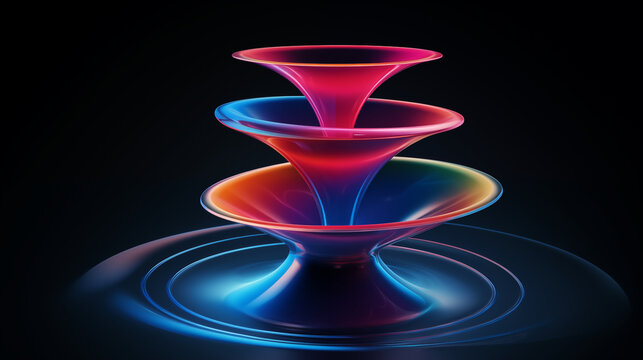 Colorful 3d model funnel flow, 5 layers, levitating, on dark blue background