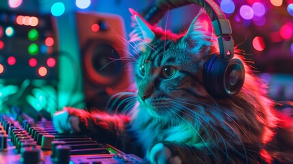 Tech-savvy kitty DJ spins tunes with paws, holographic displays glow, neon lights pulse to the beat