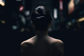 a japanese young woman from behind tilted her head forward, the woman's hair was gathered in a bun on her head