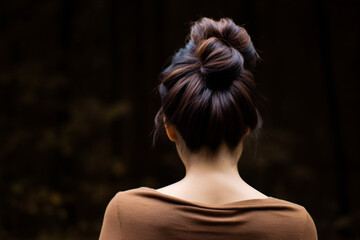 a Japanese young woman from behind tilted her head forward, the woman's hair was gathered in a bun on her head - obrazy, fototapety, plakaty