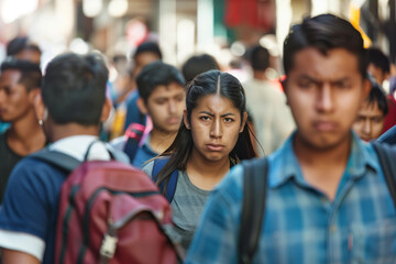 Confused Latino migrants in new country looking for help  - obrazy, fototapety, plakaty