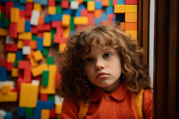 a little girl looks disinterested in her colourful building blocks - obrazy, fototapety, plakaty
