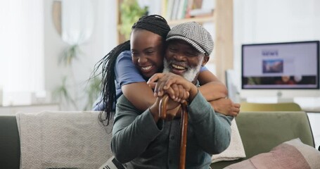 Happy, hug and caregiver with senior man on sofa for bonding, support or progress pride in nursing home with walking stick. Love, celebration or nurse embrace old patient with a disability in lounge