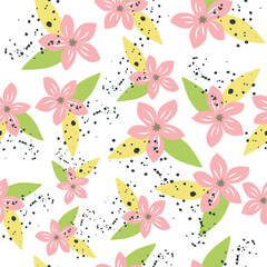 Fototapeta na wymiar Seamless pattern with pink flowers and splashes. Vector flower abstract.