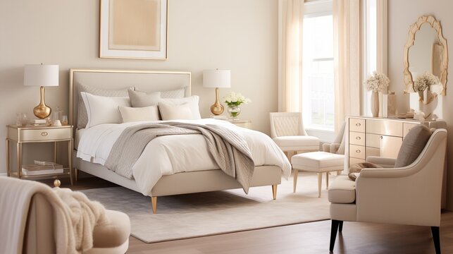 Timeless Classic-inspired Bedroom with Soft Cream Walls and Subtle Gold Accents Create a timeless and elegant bedroom retreat with a soft and sophisticated color palette inspired by classic design