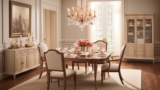 Timeless Traditional-inspired Dining Room with Soft Beige Walls and Classic Elegance Create a timeless traditional-inspired dining room with soft beige walls