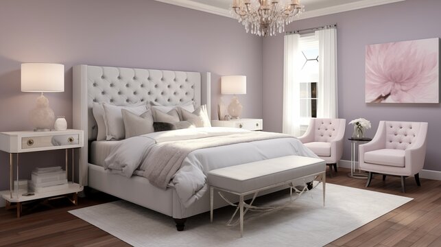 Transitional Glam-inspired Bedroom with Soft Lavender Walls and Luxe Sophistication Create a transitional glam-inspired bedroom with soft lavender walls
