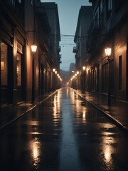 Fototapeta na wymiar Walkway at a noir city street with rain at sunset from Generative AI