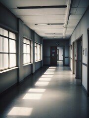 Blurred background of a old empty hospital office walkway from Generative AI